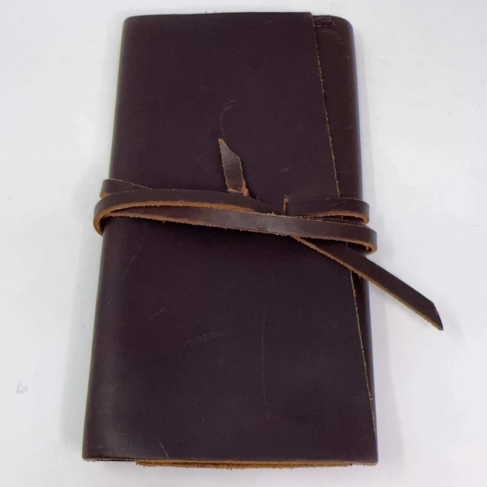 Portland Leather Goods Dark Brown Leather Wrap Wallet Tri-Fold Tie Closure RARE